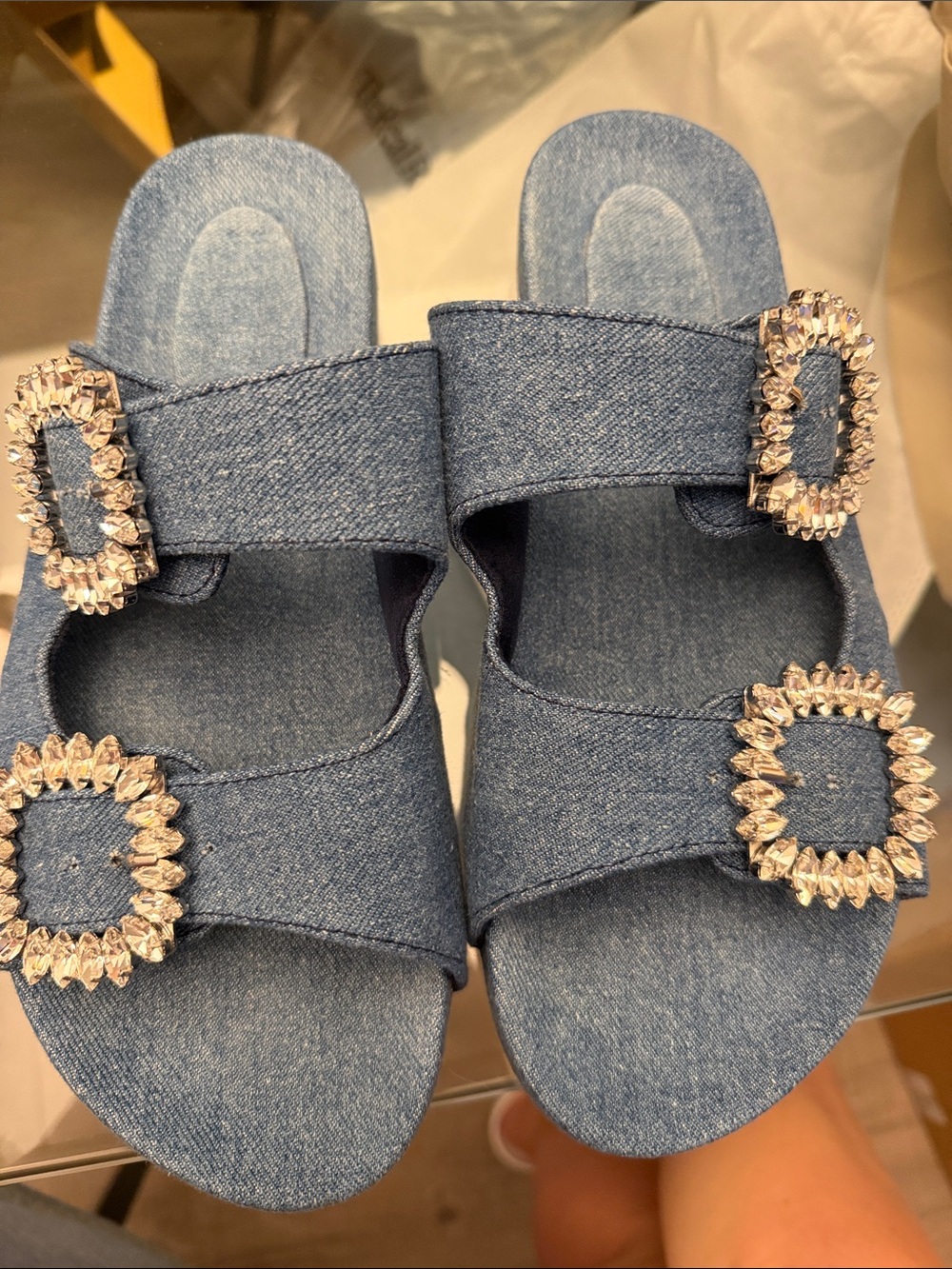 Mystique Boutique Denim Slide Sandals with Crystal Buckles - Blue